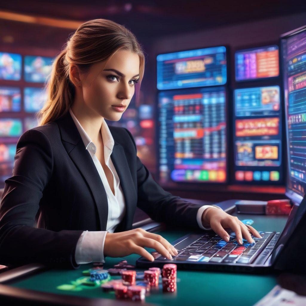 A dynamic scene depicting a confident online gambler at a glowing computer screen, surrounded by various betting tools like dice, cards, and chips. Include elements of strategy such as charts and graphs in the background, symbolizing analytics and decision-making. The atmosphere should be intense yet exciting, reflecting the thrill of online gambling. Use vibrant colors to make the scene pop and create a digital, futuristic vibe. super-realistic. vibrant colors. 3D.