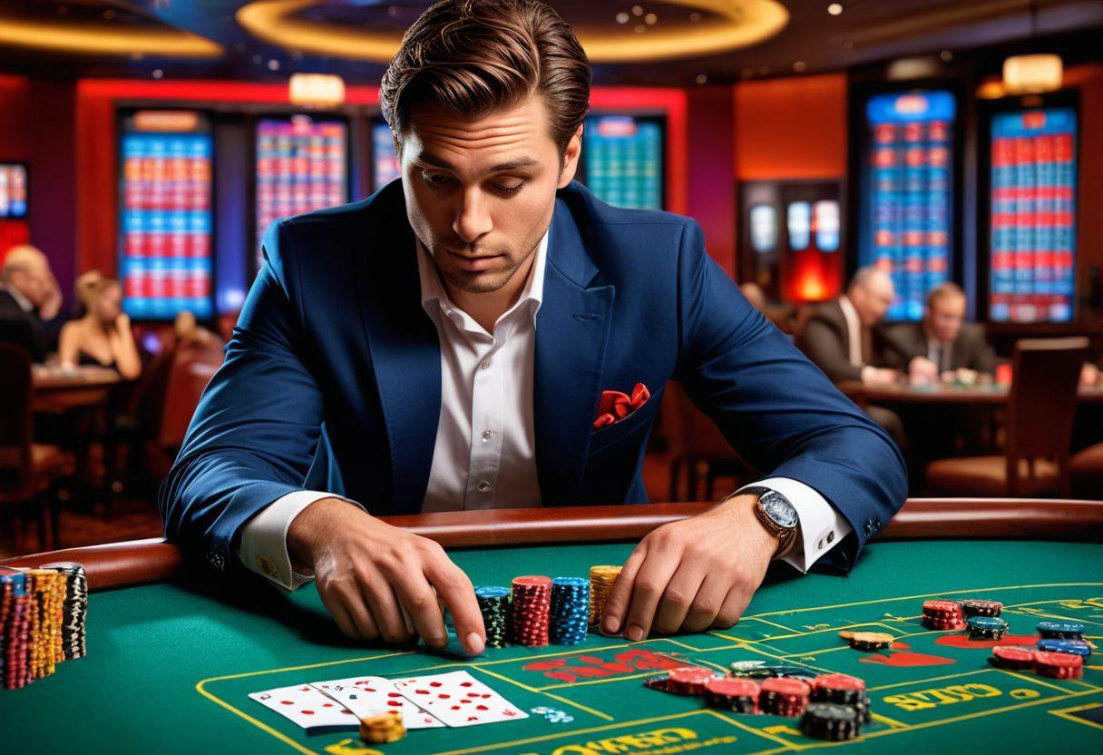 A dynamic illustration showcasing a gambler at a roulette table, surrounded by vibrant chips and cards, with graphs and risk management charts in the background. Include elements of excitement and strategy, such as a betting slip in hand and a thoughtful expression. Bright colors to convey anticipation and smart decisions in wagering. 3D, vibrant colors, modern graphic style.